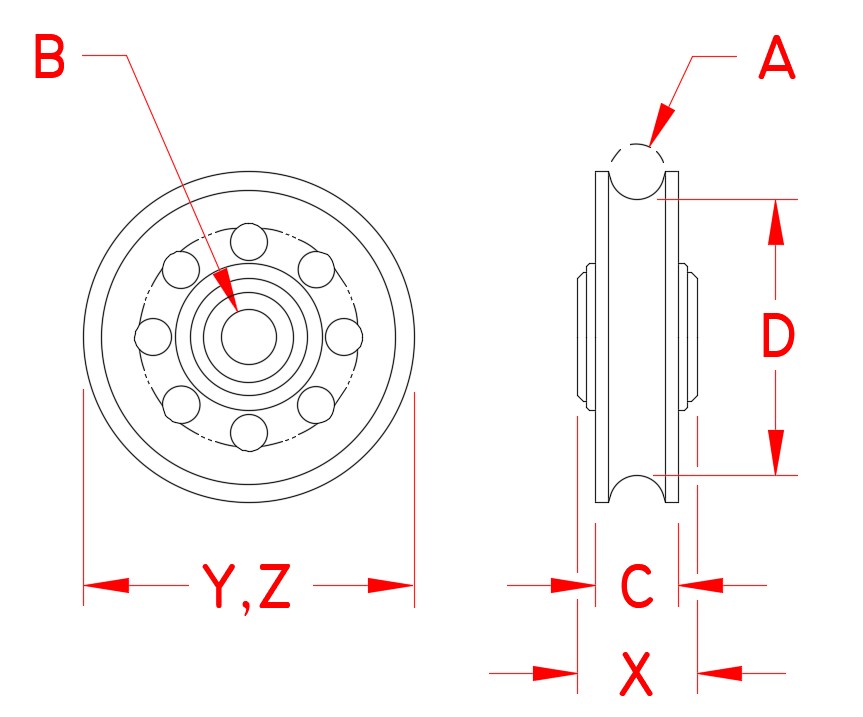 Stainless Steel Rope Sheave - Bearings, S0411-0707, S0411-1010, S0411-1313, S0411-1616, Line Drawing Stainless Steel Rope Sheave - Bearings, S0411-0707, S0411-1010, S0411-1313, S0411-1616, Line Drawing